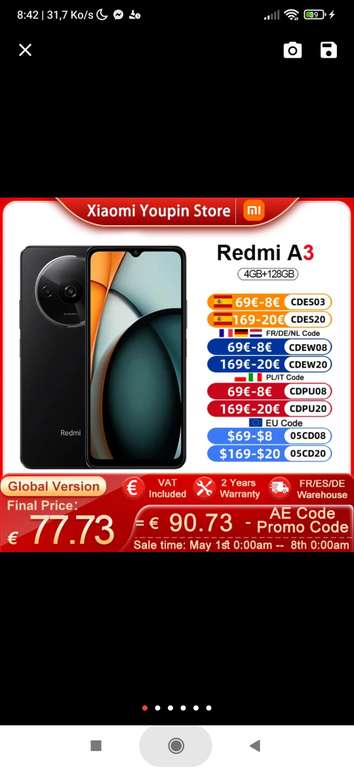 Smartphone 6,67" Xiaomi Redmi A3 128Go (via coupon)