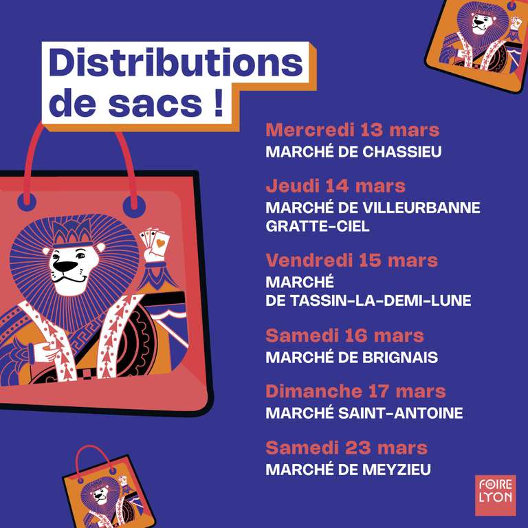 Distribution gratuite de sacs Foire de Lyon sur les marchés - Chassieu, Lyon, Villeurbanne, Brignais, Meyzieu, Tassin-la-demi-Lune (69)