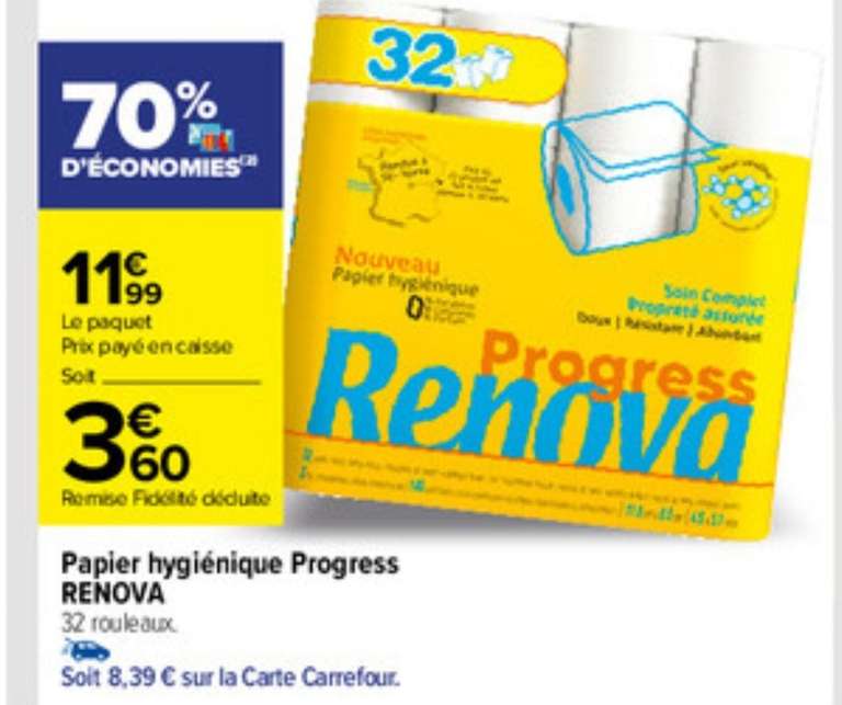 Papier hygiénique Progress Renova - 32 rouleaux (via 8,39€ sur la carte fidélité)