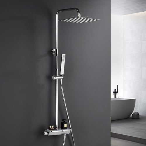 Colonne de douche Görbach avec robinetterie - Mitigeur thermostatique, pommeau pluie, 20 x 20 cm