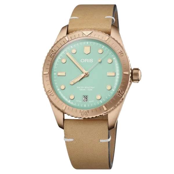 20% de réduction sur une sélection de montres Oris - Ex: Montre Oris Divers Sixty-Five Bronze cadran vert bracelet cuir marron 38 mm