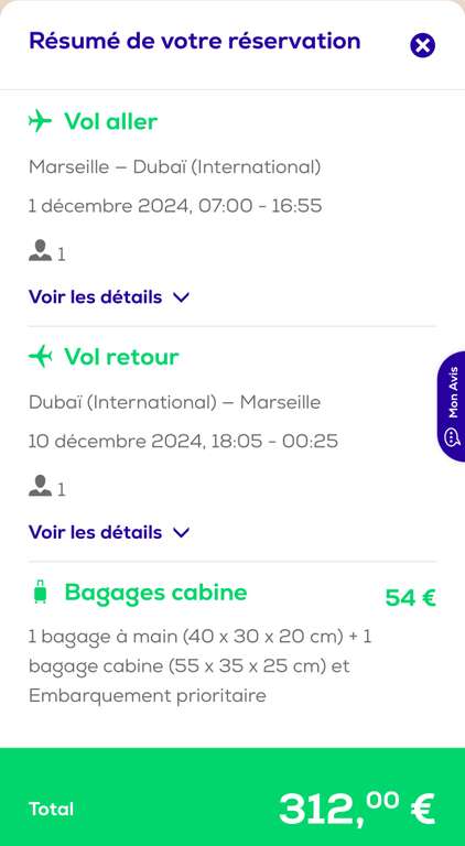 Vol A/R Marseille (MRS) <-> Dubaï (DXB) - Du 1 au 10 Décembre (Bagage cabine 10kg + Bagage à main)