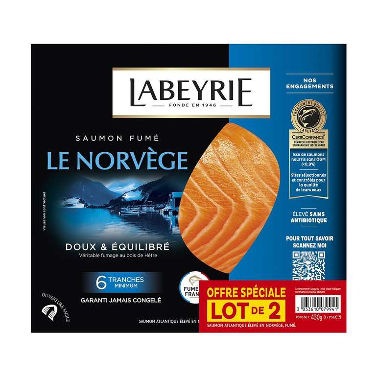 Lot de 2 Paquets de 6 Tranches de Saumon fumé de Norvège Labeyrie - 12 tranches, 2x215g