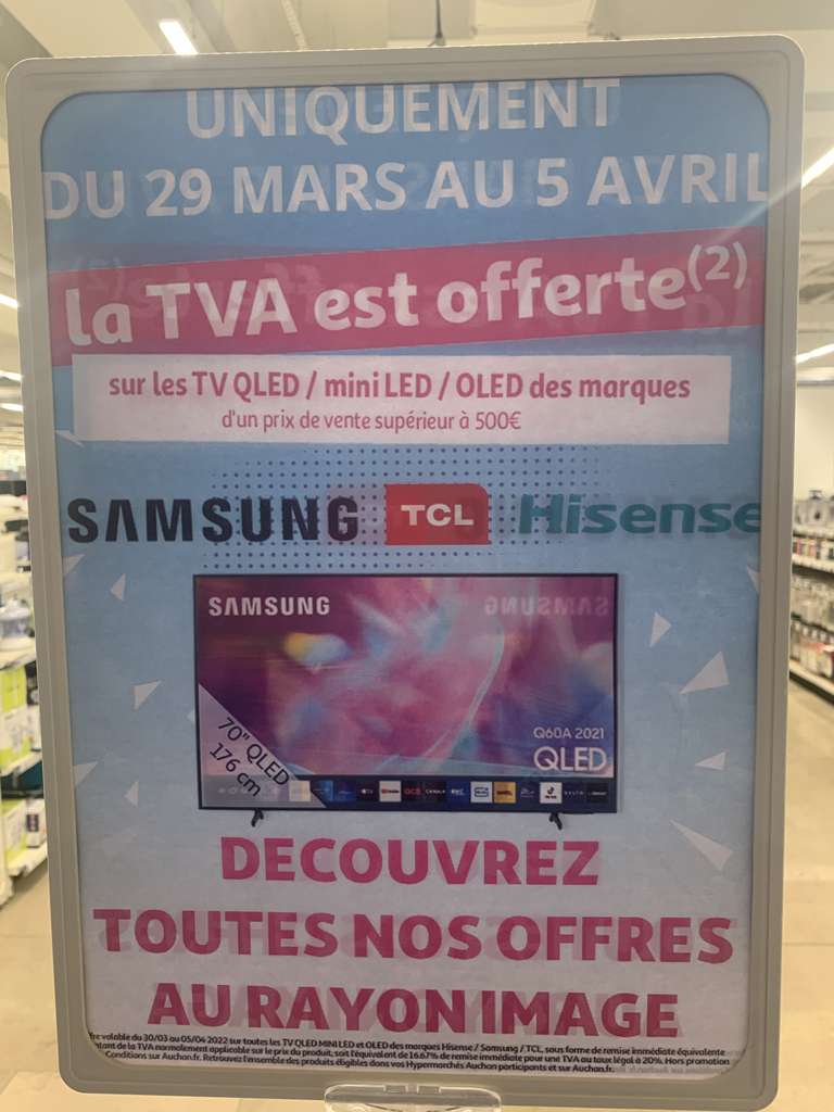 TVA offerte sur une sélection de TV QLED, Mini LED et OLED des marques Samsung, TCL et Hisense - Vélizy (78)