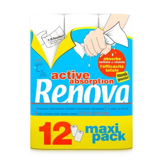 Maxi Pack essuie tout Renova Active Absorption - 12 rouleaux (via 6,99€ crédités sur la carte de fidélité)