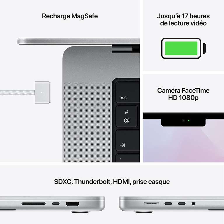 PC Portable 14" Apple MacBook M1 Pro - 16Go de Ram, 512 Go de SSD, Azerty