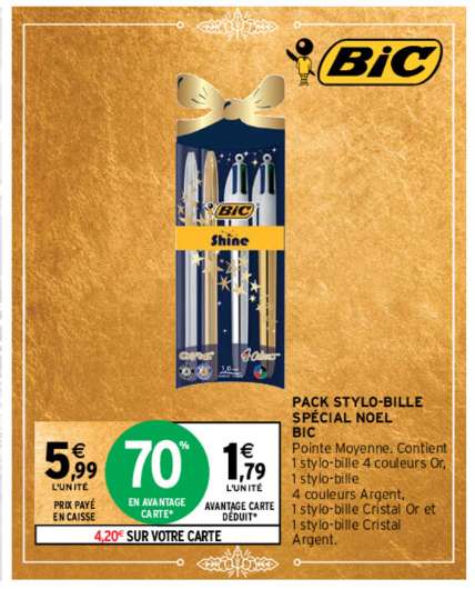 Pack stylos Bic Noël - 2 stylos 4 couleurs or et argent + 2 stylos