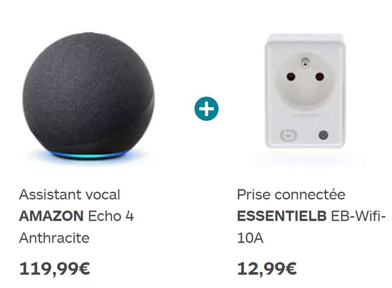 Assistant vocal Amazon Echo 4 (grand modèle)+ Prise connectée Essentielb EB-Wifi-10A