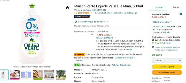 Liquide vaisselle main Maison Verte - 500ml (via abonnement et coupon )