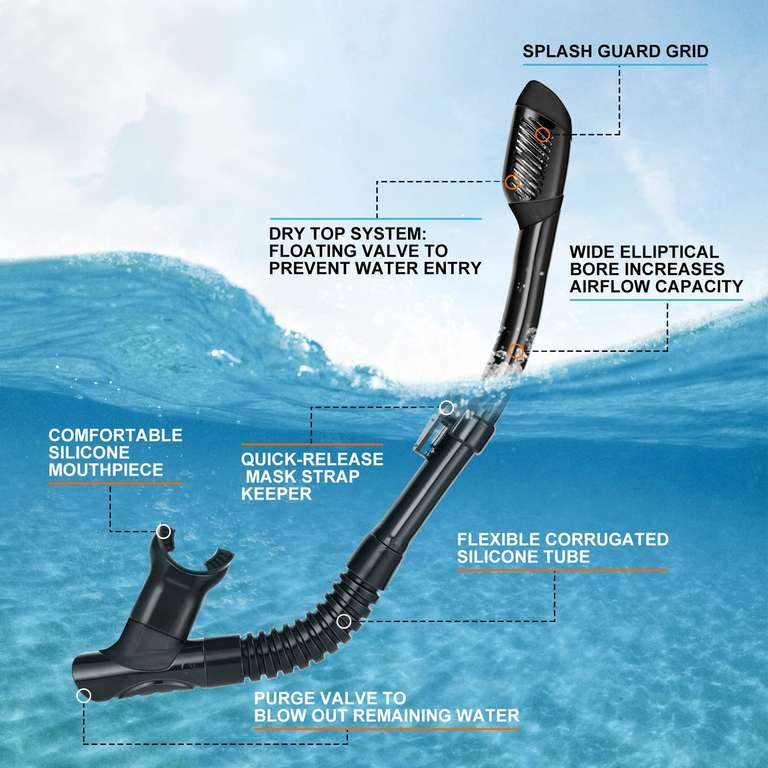 Tuba Sec Supertrip Pour Adulte - Valve Sèche, Clip Masque, Buse Silicone | Plongée, Apnée, Snorkeling