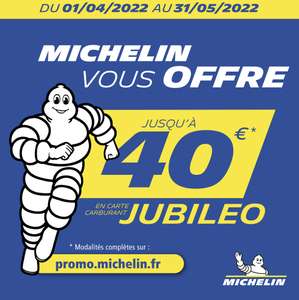 Carte carburant Jubileo de 15€ offerte pour l'achat d'un Pneu Michelin (40€ pour 2, via ODR)