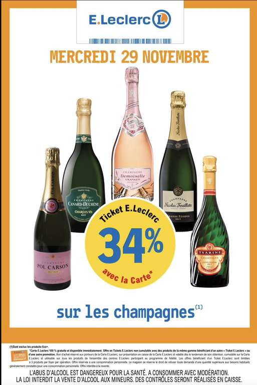 34% crédités sur la carte de fidélité sur les champagnes (Hors promotions)
