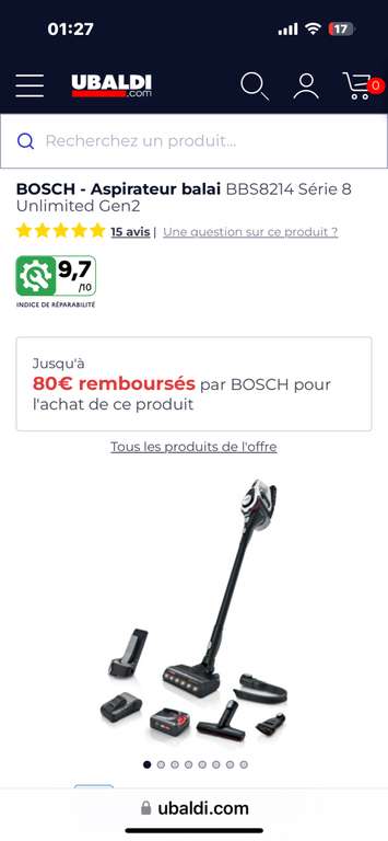 Aspirateur balai Bosch Unlimited Gen2 Serie 8 ‎BBS8214 (Via ODR 80€)