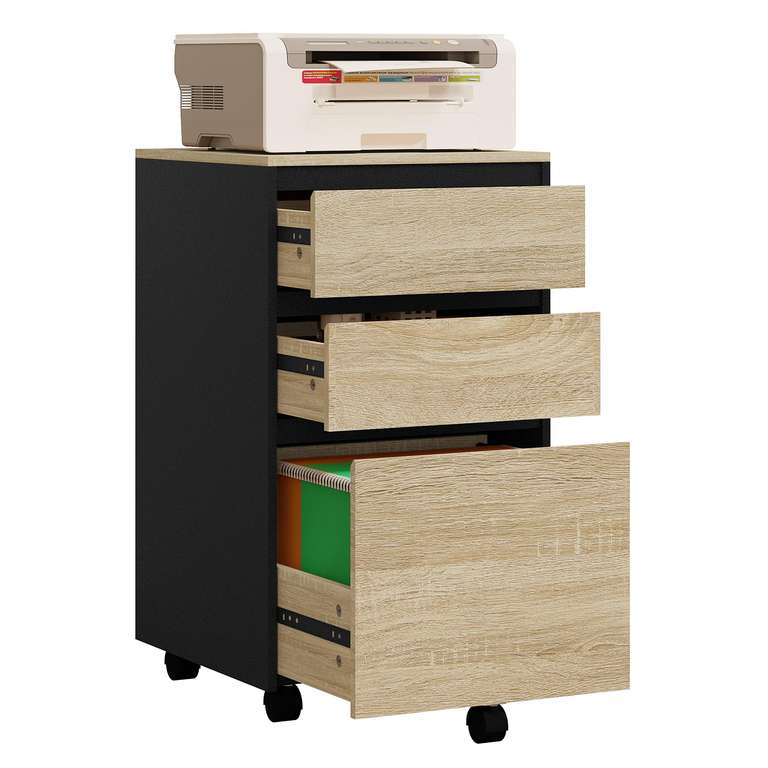Caisson Rangement Bureau Mobile WOLTU - 3 Tiroirs + Plateau - 40x40x70cm - Chêne/Noir