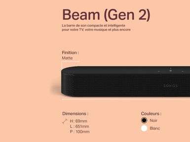 Barre de son Wi-Fi Sonos Beam (Gen 2) en blanc, son Dolby Atmos haute  définition