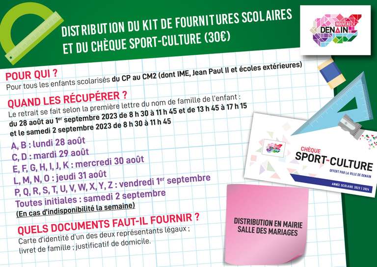 [Habitants] Distribution gratuite de Kits de fournitures scolaires & de Chèques Sport-Culture - Denain (59)