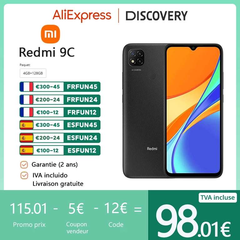Smartphone 6.53" Xiaomi Redmi 9C - HD+, Helio G35, RAM 4 Go, 128 Go, 13+2+2 MP, 5000 mAh (Entrepôt France)