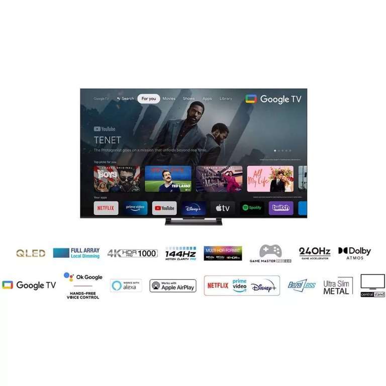 TV 55" QLED TCL 55C743 (2023) - 4K UHD, 144 Hz, Dolby Vision, HDR10+, HDMI 2.1, VRR, ALLM, Google TV (via ODR de 100€)
