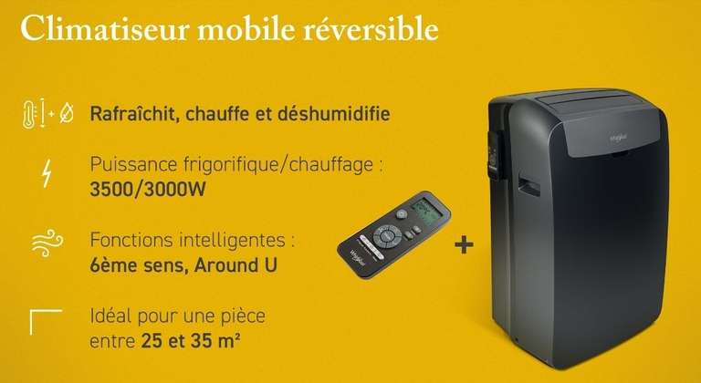 Climatiseur mobile réversible Whirpool - 12 000 BTU, Noir/Gris