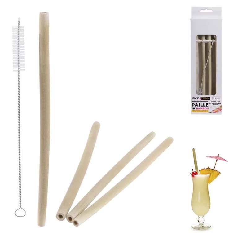 Lot de 4 Pailles réutilisables en bambou Pick and Drink + Goupillon de nettoyage