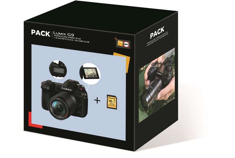 Pack Appareil photo hybride Panasonic Lumix G9 + 14-140 mm f/3,5-5,6 II ASPH Power O.I.S + Carte SD 32 Go (Fnac, vendeur Darty)