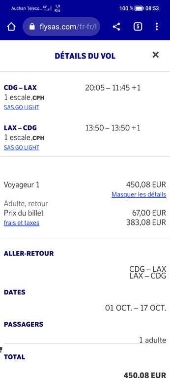 Vol aller/retour avec escale Paris (CDG ) <-> Los Angeles (LAX) USA via Scandinavian Airlines avec bagage cabine du 01/10 au 17/10