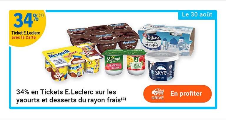 34% cagnottés en Ticket Leclerc sur les yaourts et desserts du rayon frais
