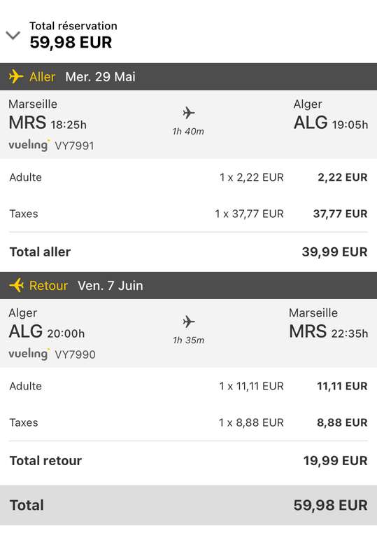 Vol Aller-retour Marseille (MRS) <-> Alger (Algérie) - Du 29 Mai au 7 Juin (Bagage à main)