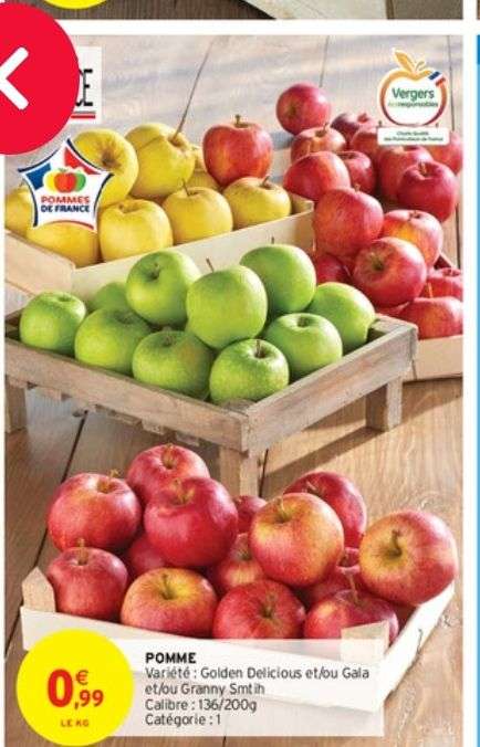 1Kg de Pommes variétés au choix: Gala, Granny Smith ou Golden Delicious - Categorie 1, Calibre 136/200g, Origine France