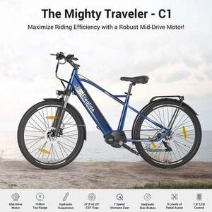 Vélo de trekking Eleglide C1 27,5" moteur central 250 W, 14,5 Ah, maxi 150 km, suspension + freins à disque hydrauliques - 7 vitesses - Bleu
