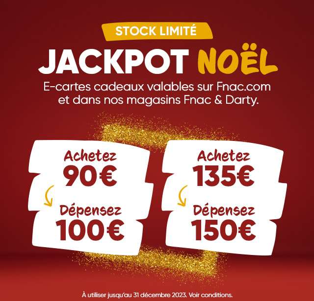 E-carte cadeau Fnac Darty Jackpot d'une valeur de 100€ pour 90€ et 150€ pour 135€ (valable jusqu’au 31 décembre 2023)