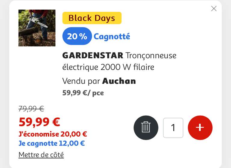 Tronçonneuse électrique Gardenstar - 2000 W (via 12€ offerts sur la carte  fidélité) –