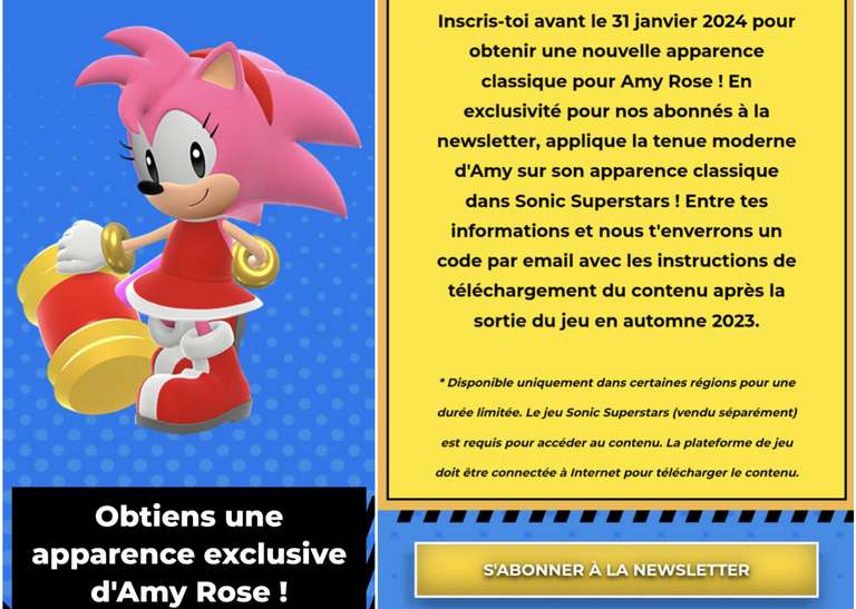 Contenu numérique : Skin moderne pour Amy Rose dans Sonic Superstars sur PS5, PS4, Xbox Series/One, Nintendo Switch, PC (Dématérialisé)