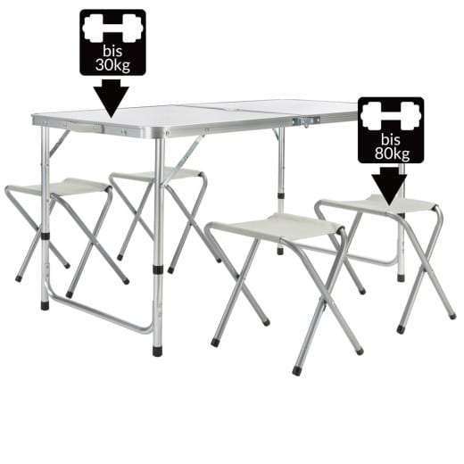 Table de camping blanche avec 4 chaises - Fonction valise - 120 x 60 x 55 / 62 x 70 cm