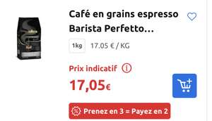 2 Paquets Lavazza achetés = 1 offert parmi une sélection - Ex: 3 paquets d'1Kg de café en grains Espresso
