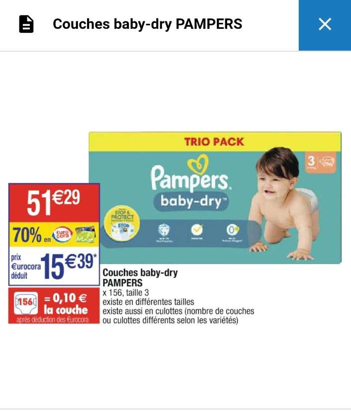 Couches Pampers Baby Dry - Ex : Trio Pack Taille 3 x156 couches (via 40,90€  sur la carte fidélité) –