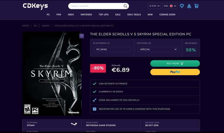 The Elder Scrolls V: Skyrim Special Edition sur PC (Dématérialisé - Steam)
