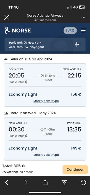 Vol direct aller-retour Paris (CDG) <-> NewYork (JFK) - Du 23 avril au 1er mai - 1 bagage a main (flynorse.com)