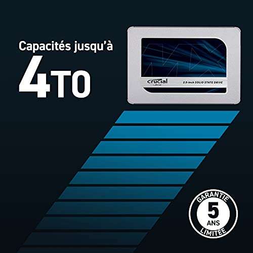 SSD interne 2.5" Crucial MX500 (CT2000MX500SSD1) - 2 To, TLC 3D, DRAM, 3D NAND, SATA, 2,5 pouces
