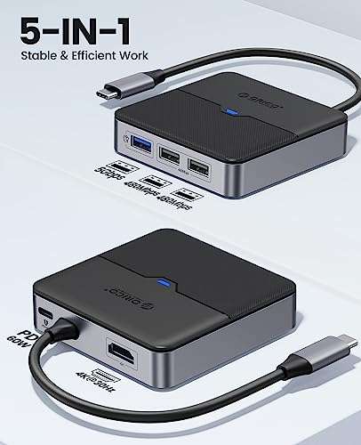 Station d'accueil USB-C 5-en-1 Orico - 1xHDMI , 1xUSB-C PD 60W, 1xUSB 3.0 5Gbps, 2xUSB 480Mbps, Compatible Mac & PC (Vendeur tiers)