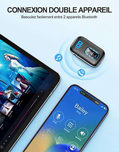 Récepteur Bluetooth 5.0 - Jack Adaptateur Voiture AUX Appels Mains Libres, afichage led (vendeur tiers)