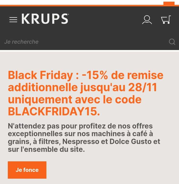 15% de réduction supplémentaire sur tout le site Krups (krups.fr)