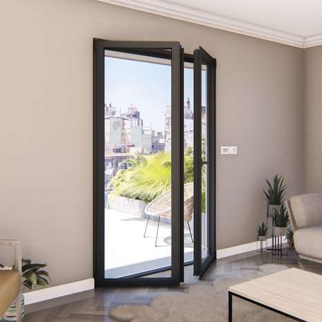 Sélection de fenêtres et porte-fenêtres en promotion - Ex : Porte-fenêtre aluminium gris 2 vantaux GoodHome - H.205xl.120 cm, double vitrage