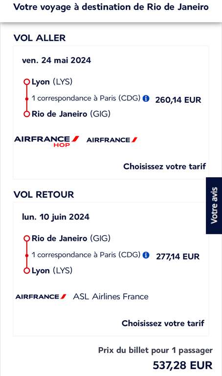 Vol Aller-retour Lyon (LYS) <-> Rio de Janeiro (Brésil) - Du 24 Mai au 10 Juin (Bagage cabine de 12 kg inclus)
