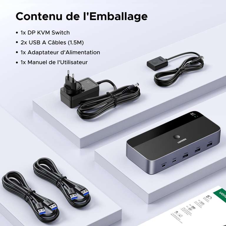 Commutateur KVM DisplayPort 2×2 – 2 Ordinateurs Partagent 2 écrans 4K@60Hz, Ports USB 3.0 Et USB-C, Pour Bureau Double Setup