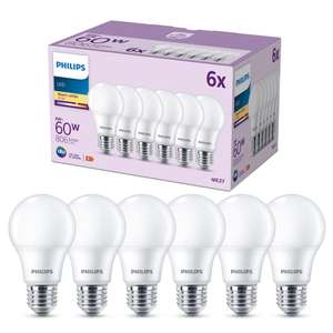 Pack de 6 ampoules LED E27, 60W, blanc chaud Philips