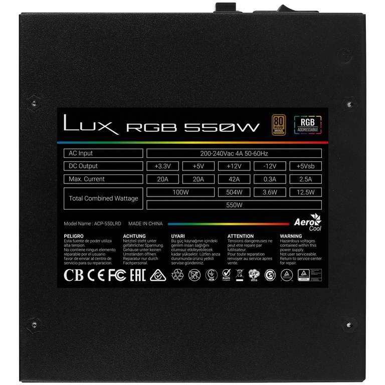 Alimentation modulaire PC Aerocool Lux RGB M - 550W, 80Plus Bronze - Noir