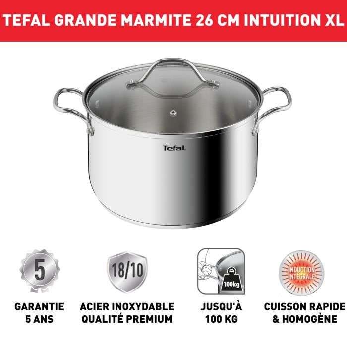Marmite Tefal B8646404 26 cm inox, Tous feux dont induction, 6.5L, Couvercle verre, Intuition XL