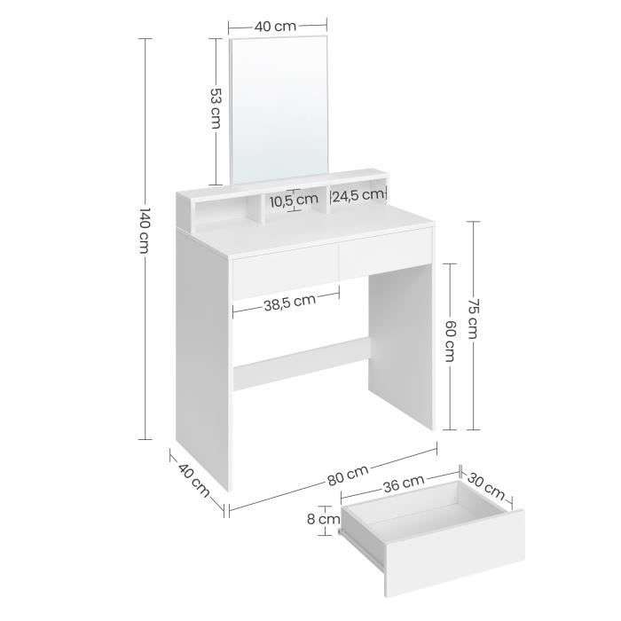 Coiffeuse + miroir, 2 tiroirs, 3 compartiments de rangement - 80 x 40 x 140 cm - Blanche