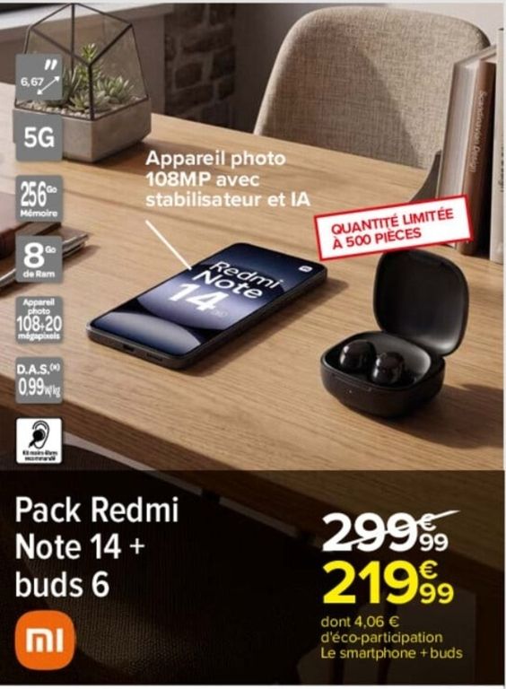 Pack Smartphone Redmi Note 14 5G + Ecouteurs sans fil Buds 6 — Carrefour